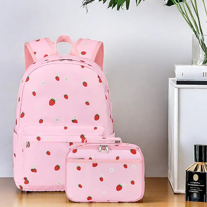 LEDAOU Kids School Backpack with Lunch Box for Girls Kindergarten BookBag School Bag Preschool Toddler Backpack (Pink Strawberry)