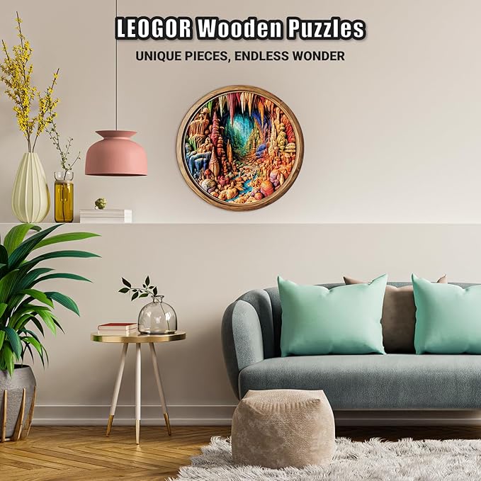 LEOGOR Wooden Jigsaw Puzzles for Adults 350 Pieces (15 × 14.9 in), Cave Puzzle, Extra-Thick 5mm Wood, 3D Vision Mosaic Nature Design, Unique Animal Shapes, Challenging Gift for Adults and Teens