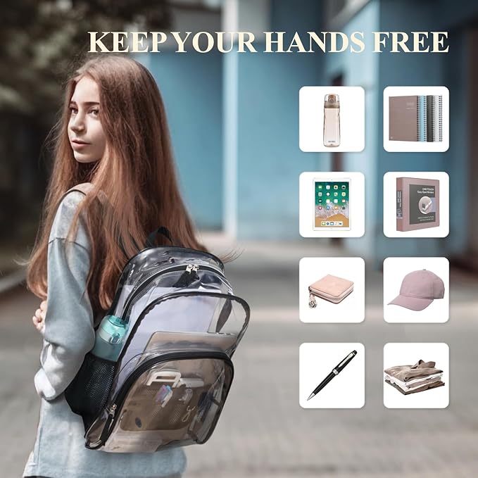 PACKISM Clear Backpack - 17 inch Heavy Duty Clear Backpacks for School, Large Transparent Bookbag for Students (Age 12+)