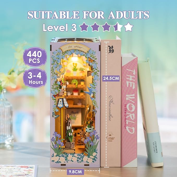 MOMIBOOK Book Nook Kit, 440 PCS DIY Miniature Dollhouse Kit for Adults, 3D Wooden Mini Puzzle Booknook Bookend Bookshelf Decor, Tiny House Model, Christmas Birthday Gifts, Fragrance Florist