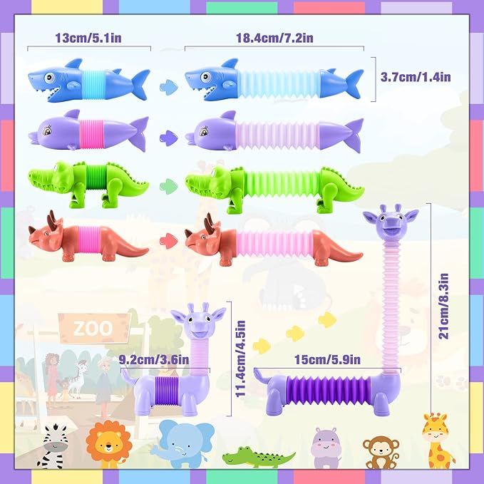 Animals Fidget Toys for Toddlers: 6 Pack LED Animal Pop Tubes for Kids 3 4 5 6 7 8 Year Old Girls Boys Halloween Birthday Gifts Autism Sensory Toy for Kid Age 3-8 Tube Light Up Party Favors