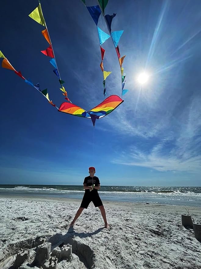 HONBO Large Delta Kite for Kids & Adults,Extremely Easy to Fly Kite for Beach Trip,String Line Included,with Colorful Tail,Perfect for Beginners