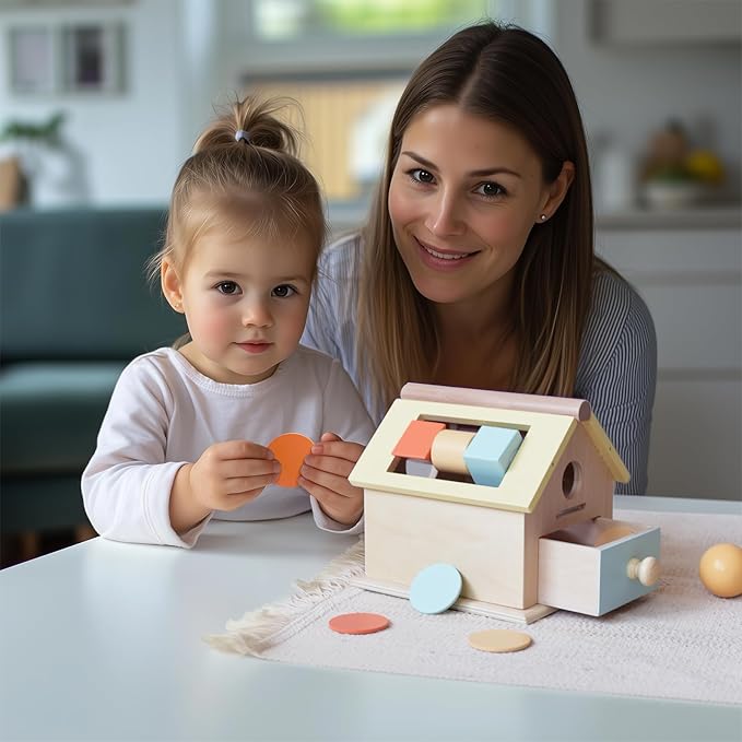 Wooden Montessori Toys for Toddlers 1-3, 4-in-1 Newborn Learning Educational Sets with Spinning Drum, Coin Box,Ball Drop, Shape Sorter - Christmas Birthday Gift for Boys Girls