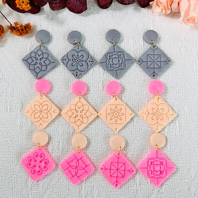 Xaekicr 8PCS Tile Pattern Polymer Clay Cutters Set – Mediterranean Geometric Clay Cutters and Textured Molds, Clay Tools for Polymer Clay Jewelry and Crafts