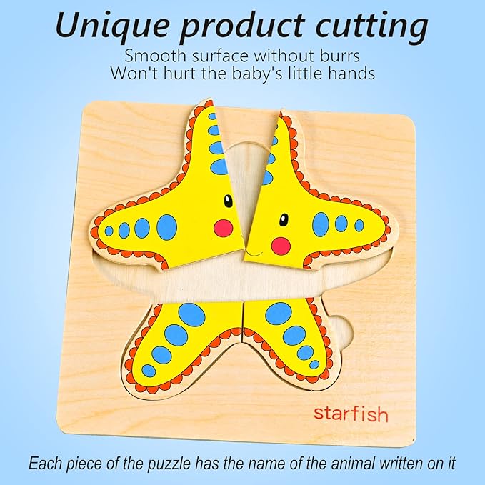 8pcs Wooden Puzzles for Toddlers 1-3, Toddler Puzzles Ages 2-4, Montessori Toys for 1-3+ Years Girl Boy, Sea Animal Puzzle for Kids, Jigsaw Puzzle Educational Toys Preschool for 1-4