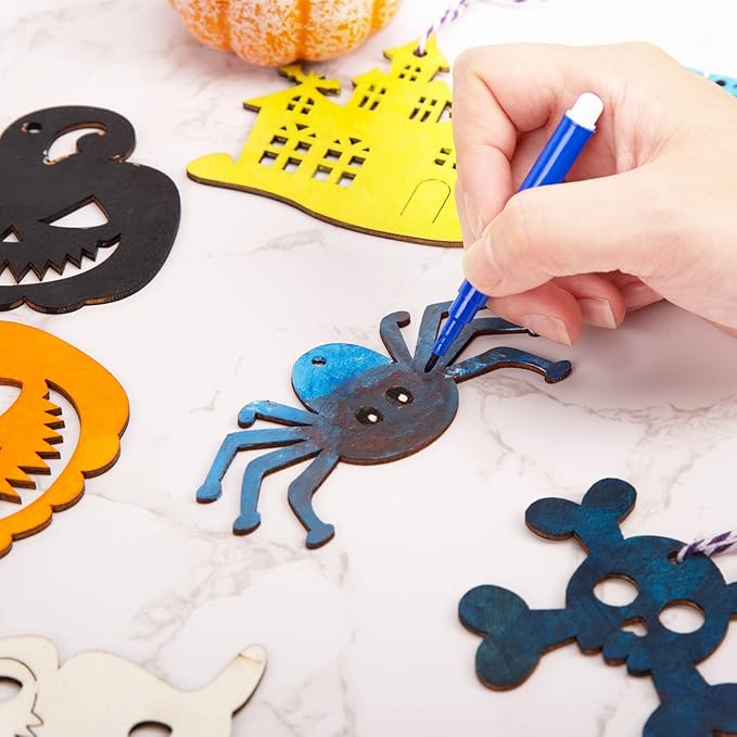 Shindel Halloween Crafts for Kids, 72PCS Wooden Halloween Decorations, 12 Styles Unfinished Wood Cutouts, Wood Ornaments for DIY Gifts Home Office Party Yard Hanging