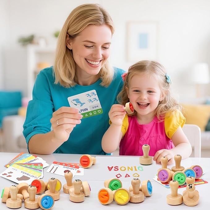 Atoylink Wooden Alphabet Number Stamps for Kids with Ink Pads, ABC Spell Learning Toys 26 Letter Stamps & Flash Cards, Preschool Educational Toy Gifts for 3 4 5 Year Old Boys Girls