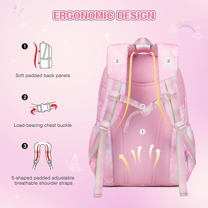 Backpack for Girls, Rainbow Butterfly Girls Backpacks with Lunch Bag Pencil Case Set, Kids Backpack Kindergarten Elementary Middle School Book Bag for Teen Girl Children Students