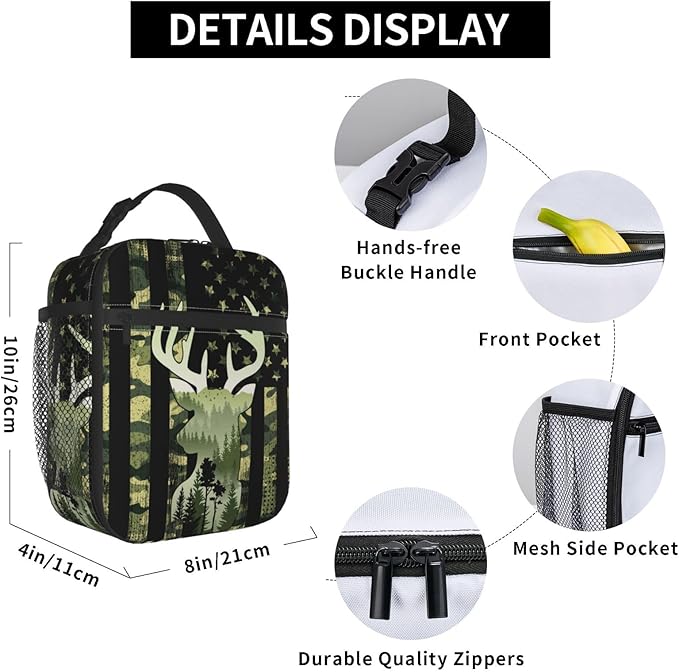 Camouflage Hunting Tactical Deer Camo Reusable Lunch Box Food Bag Insulated Lunch Bag for Teenage Boys Girls School Beach