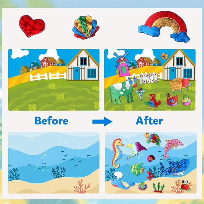 Vinlon Foil Fun Art Kit for Kids -DIY Craft Supplies Ocean Farm Animals Themes, Great Road Trip Travel Activities, Halloween Thanks Giving Christmas Gift for Boys Girls Ages 4-8 and Up