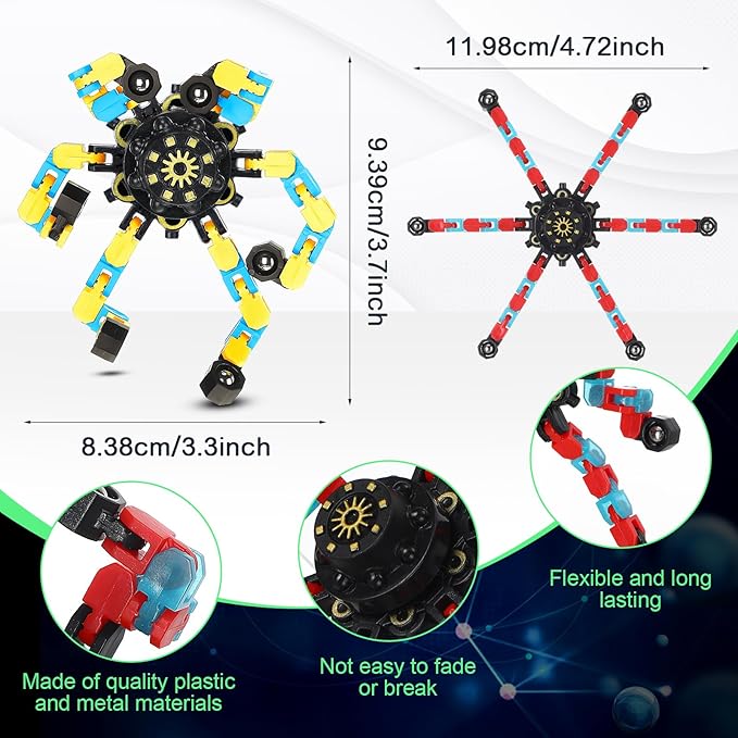 100 Pcs Funny Sensory Fidget Toy Bulk Transformable Chain Robot Finger Toys Fidget Spinners Stress Relief Fingertip Gyro Deformable Mechanical Spiral Spinner for Adult Kids ADHD(Glow)