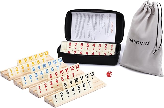 Upgraded Digital Rummy Card Games, 4 Player Travel Version with 4 Wooden Racks & 106 Melamine Tiles, Ideal Gifts for Men and Women
