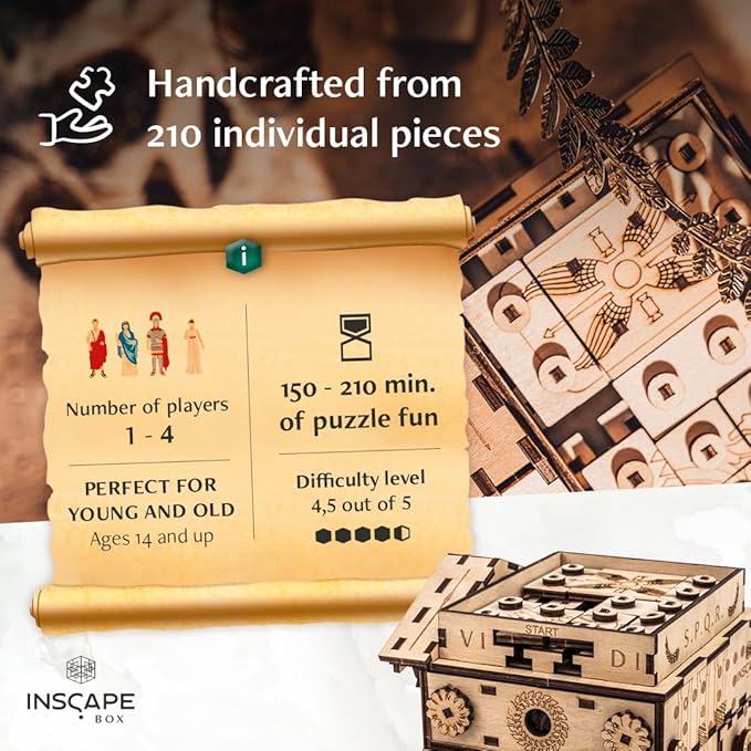 INSCAPE Caesar´s Riches Puzzle Box - Cluebox - Wooden Escape Room in A Box for Adults - Mind Puzzles - Puzzle Boxes with Hidden Compartments - Birthday Gift Gadget for Men and Women