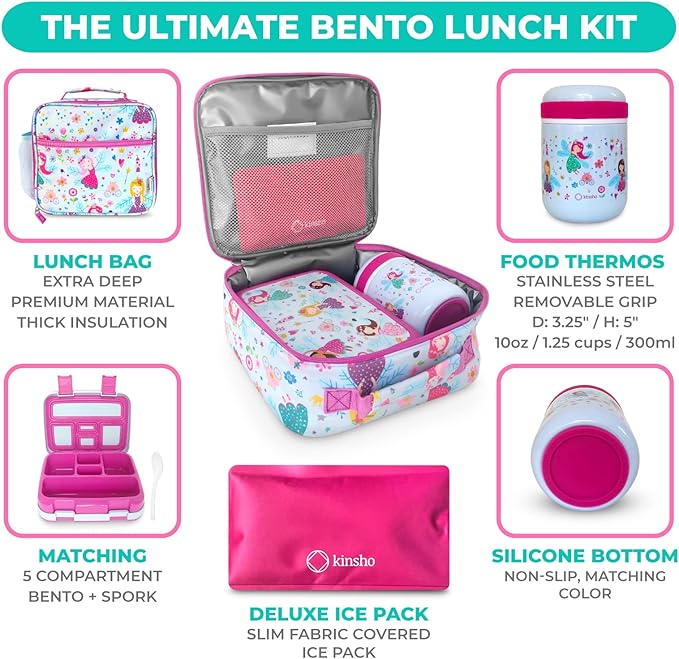 Bento Lunch Box with Stainless Steel Thermo, Matching Insulated Lunch Bag and Ice Pack Set for Girls, Kids, 5 Divided Compartments, Snack Container for Toddler Daycare, Pink Fairy Princess
