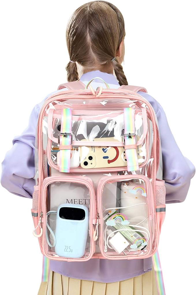 Clear Backpack for School - 17" Transparent Backpacks With Water-Resistant PVC Plastic Material and Ruggedly Reinforced Shoulder Straps, School Bag for Teen Boys Girls Pink