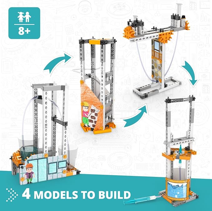 Engino STEAM Labs, How Hydraulics Work, STEAM Kit for Ages 8+, Construction Toys, STEM Project for Girls & Boys, Learning & Education Toys, Engineering Kit (4 Models)