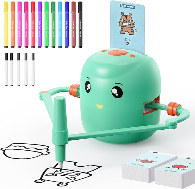 Interactive Educational Drawing Robot for Kids - Montessori Learning Toy with 100 Word Cards, Voice Interaction, Ages 5+ (Green)