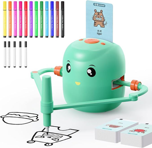 Interactive Educational Drawing Robot for Kids - Montessori Learning Toy with 100 Word Cards, Voice Interaction, Ages 5+ (Green)