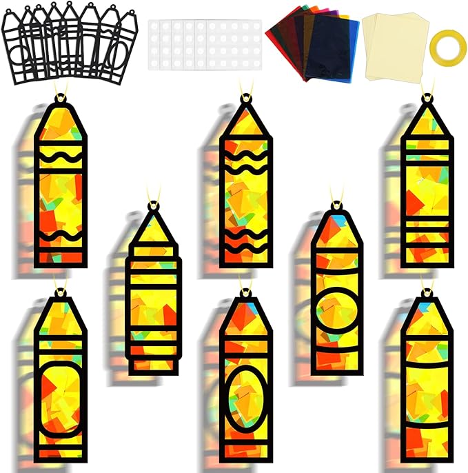 32 Sets Back to School Crayon Suncatchers Craft Kit DIY Window Stained Glass Effect Crayons Paper Crafts for Home School Classroom Decoration Kid Birthday Gifts Creative Art Projects Activity Game