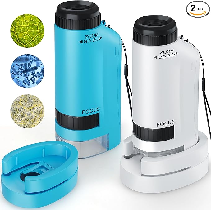 Portable Microscope for Kids Zoom 60x-180x,Handheld Mini Microscope STEM & Science Toys,LED Pocket Little Scientist Microscopes with 12pcs Slides,Gifts for 6,7,8,9,10+ Girls Boys(Blue&White)