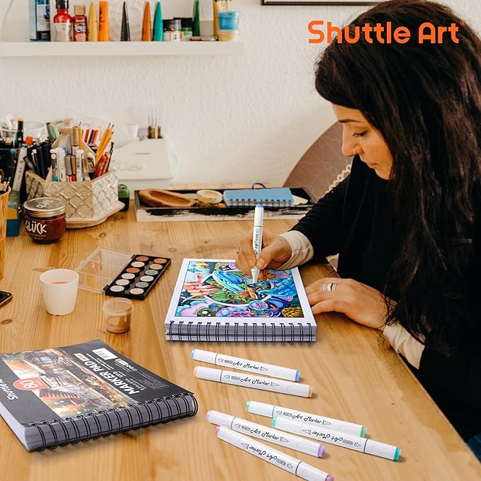 Shuttle Art Marker Pad, 8.3”x8.9” Portable Square Sketchbook, 80 Sheets Marker Drawing Paper, 120LB/200GSM Bleedproof Art Paper, Spiral-Bound, Great for Professional Artist to Draw, Paint & Sketch