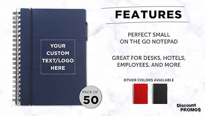 DISCOUNT PROMOS Custom Spiral Notebooks with Elastic Closure Set of 50, Personalized Bulk Pack - Perfect for School, Office, Business and More - Navy Blue