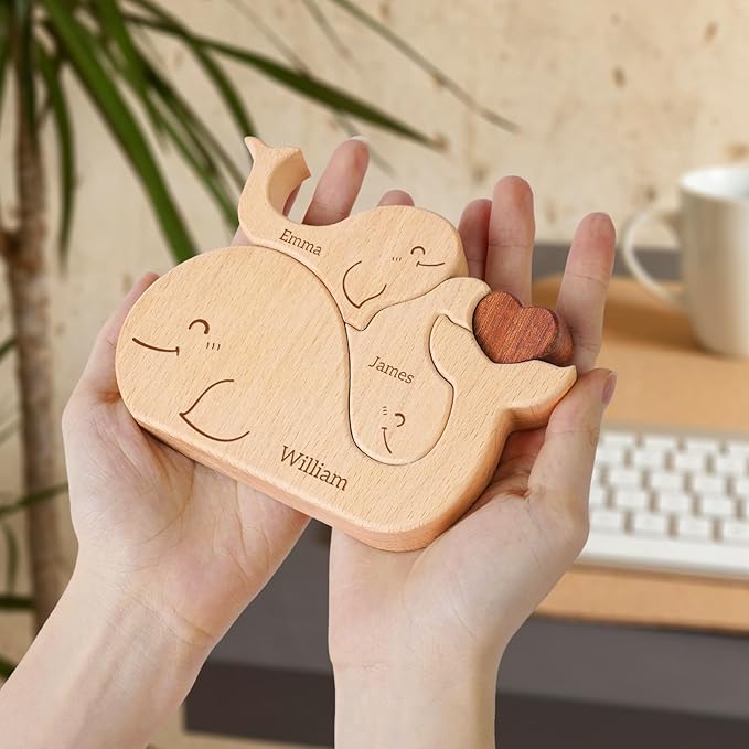 Wooden Whales Family Puzzle, Personalized Puzzles with 2-5 Names, Mothers Day Birthday for Women Men, Customized Home Decor Housewarming Gifts for Parents Couple