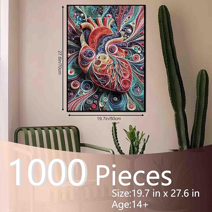 Human Anatomy 1000 Piece Jigsaw Puzzles for Adult Graffitic Men Heart Painting Jigsaw Puzzle Anatomical Body Oragn 1000 Pieces Puzzles Game Wall Decor DIY Craft Mental Health Puzzle Art Gift(Red)