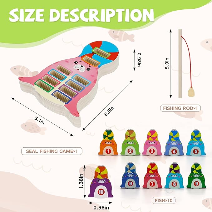 Wooden Magnetic Fishing Game, Seal Magnetic Fishing Toy for Kids 3-5, Montessori Preschool Education Learning Color Sorting Fine Motor Skill for Toddlers