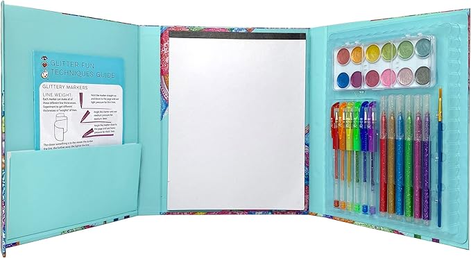 Bright Stripes iHeartArt Travel Art Set for Kids Ages 8+ | Drawing & Painting Kit with Metallic Watercolors, Glitter Gel Pens, Markers, Brush & 20-Page Art Pad | Creative Gift for Young Artists