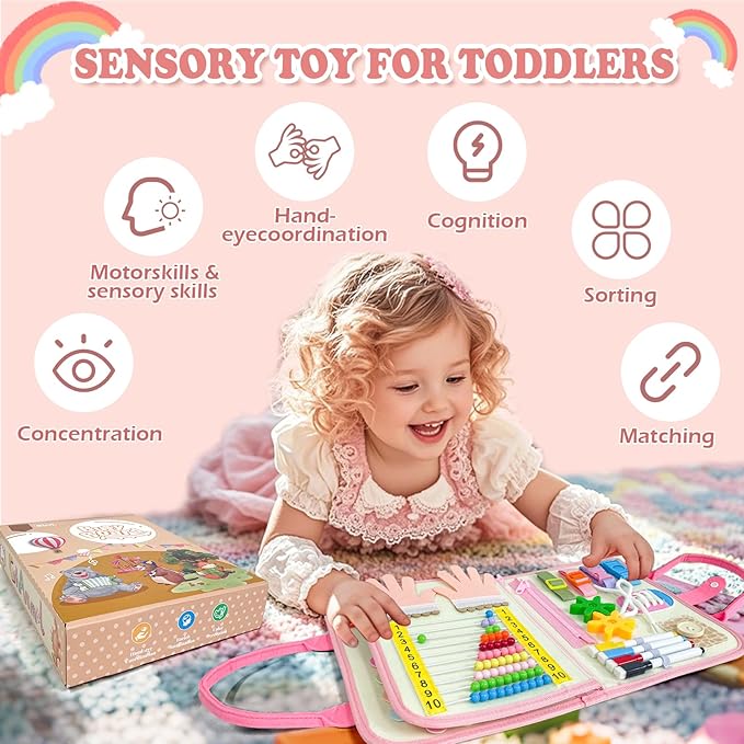 Toddler Busy Board Montessori Toys for Girl Birthday Gift,Educational Learning Sensory Busy Book, Airplane Car Travel Activities Toy for Girl(Pink)