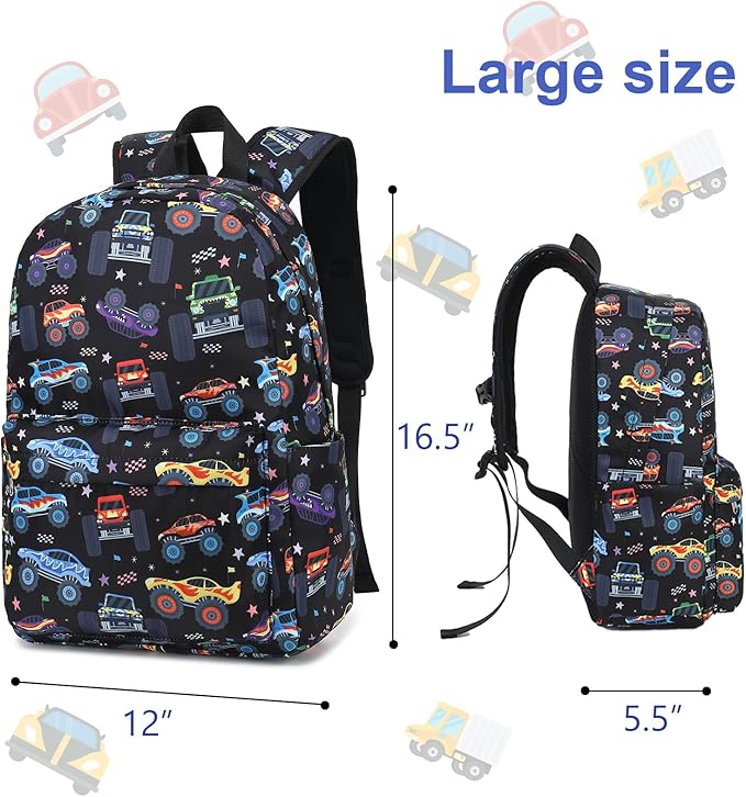 LEDAOU Kids School Backpack with Lunch Box for Boys Girls Kindergarten BookBag School Bag Preschool Toddler Backpack (Monster Truck Black)
