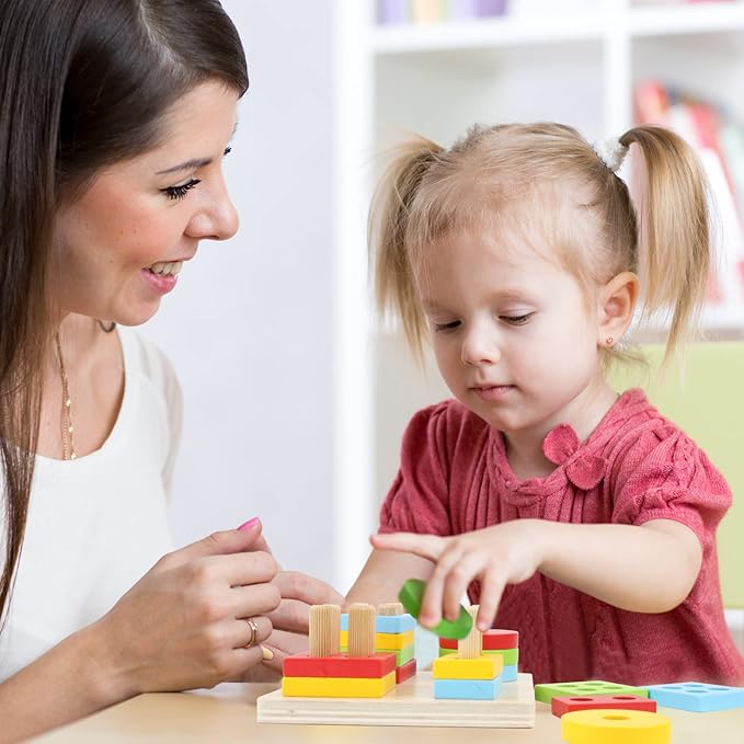 WOOD CITY Wooden Montessori Sorting & Stacking Toys for Toddlers 1 2 3 Year Old, Educational Shape Color Recognition Puzzle Stacker, Development & Learning Toys Boys Girls