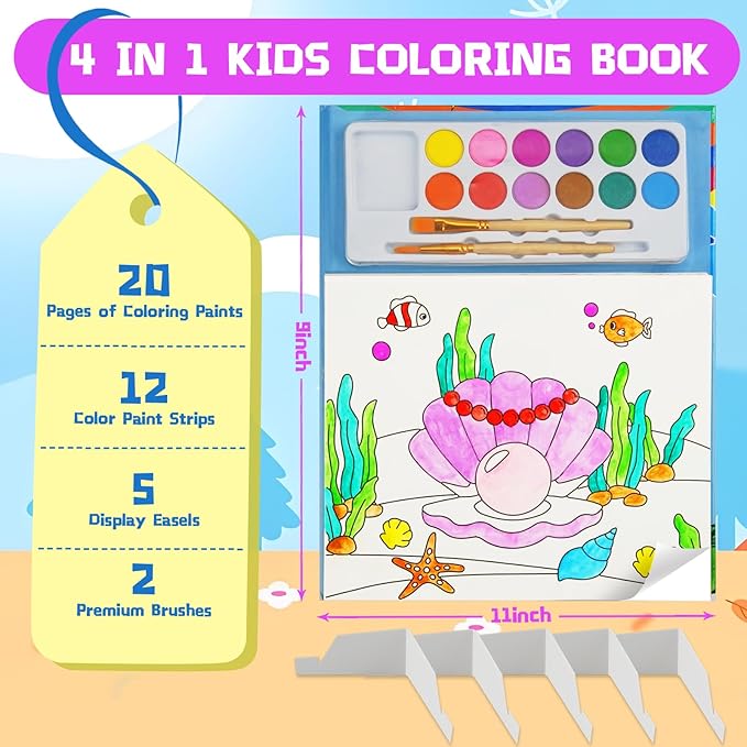 20 Pages Coloring Books for Kids Ages 4-8 with 5 Display Stands, 12 Color Strips Water Color Paint Set, Arts and Crafts Drawing Activities Party Favors for Kids 3-5, Toys Birthday Gifts for Boys Girls