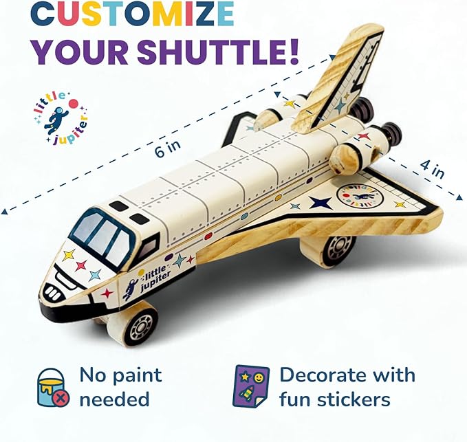 DIY Build Your Own Space Shuttle Toy Model - Wooden Kit w/Stickers - Kids Wood Building Kit for Boys & Girls - Toy Spaceship Stem Toys for Ages 4-10 - Wood Crafts for Kids - STEM Woodworking Kits