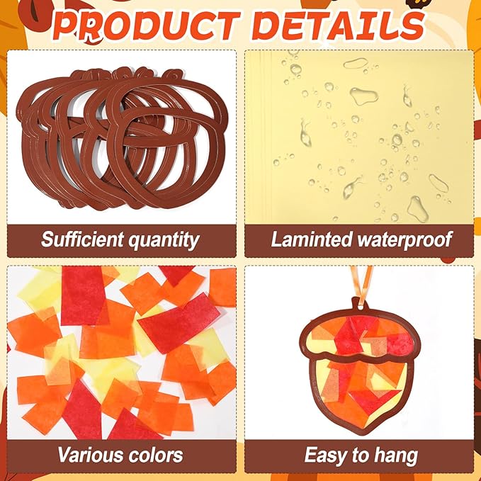 Qyeahkj 36 Set Fall Acorn Suncatchers Crafts for Kids DIY Autumn Window Tissue Paper Craft Kit Hanging Decor for Thinkgiving Home Activity Art Project Birthday Party Favor Gift