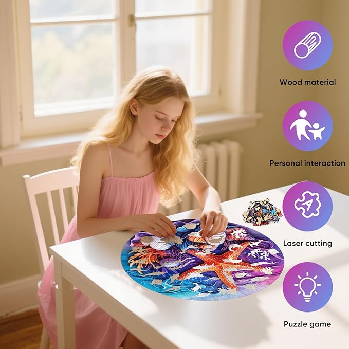 delobil Wooden Puzzles for Adults, Seashell Starfish Jigsaw Puzzles 200 Pieces, Unique Shape Summer Puzzles with Wooden Box, 11.2 x 11.2 Inches Family Puzzles Game Gift for Adults and Kids