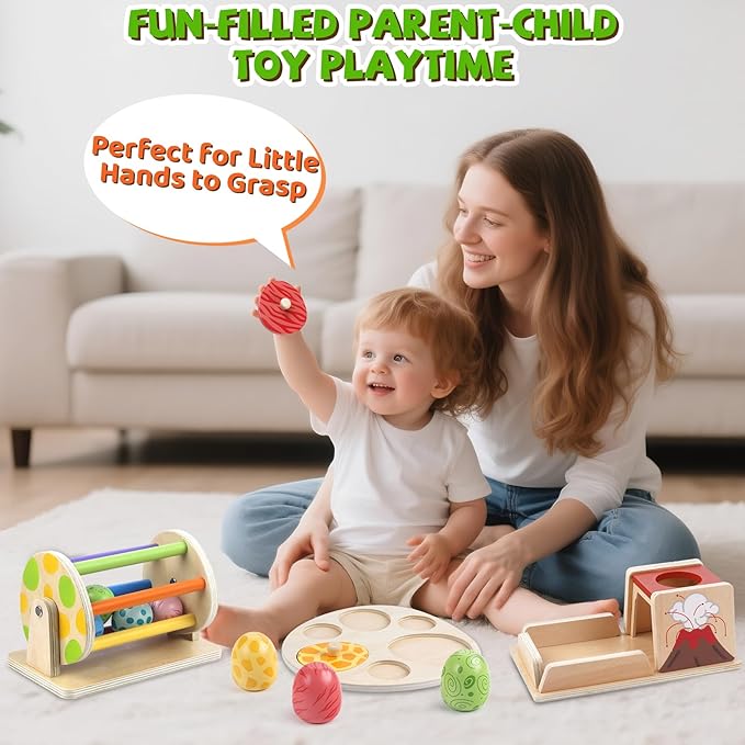 Montessori Wooden Baby Toy Dinosaur Egg Toy Set for 6+ Months, Spinning Drum, Object Permanence Box Ball Drop Toy, Stacking Matching Shape Puzzle Game Early Learning Gift for Toddlers (Neutral Colors)