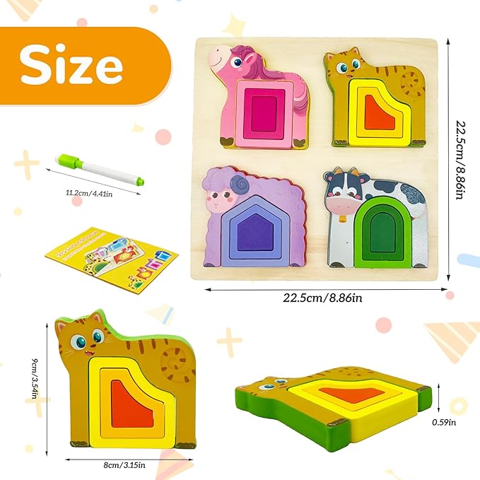 Wooden Montessori Toys for 3 4 Years Old Boys & Girls, Animal Shape Sorter Preschool Learning Toys for Toddlers, Preschool Toddler Puzzles Great Gift Ideas for Kids (Colored-A)