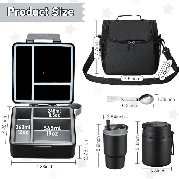 Bento Lunch Box for Kids with 17oz Soup Thermo,Insulated Tumbler Water Bottle and Insulated Lunch Bag,Leak-Proof 3 Compartment Lunch Food Container with with Ice Pack for Kids to School-Black