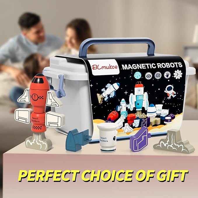 DIY Magnetic Robot Building Toy for Kids 3-5, 33 PCS STEM Stacking Playset with Storage Box, Rocket Robot Creative Kit, Toddler Magnet Toys Gift for Years Old Boys & Girls (Christmas Birthday)