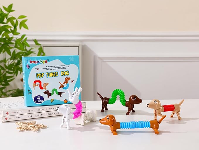 Dog pop Tubes fidgets, Travel Toys for Toddlers 3-5, Sensory Toys for Kids 5-7, fidgets for Kids, Animal pop Tubes, Easter Egg fillers,Easter Basket Stuffers(4 Pack Dog)