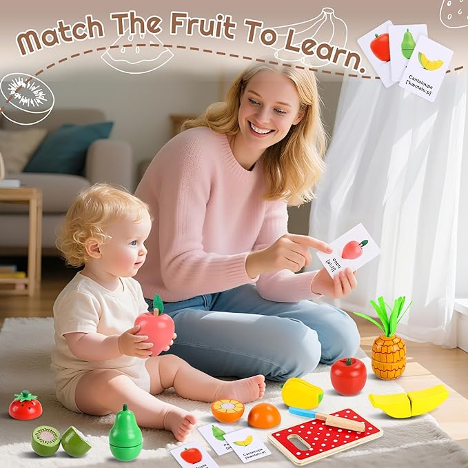 35PCS Wooden Play Food for Toddlers 1-3, Pretend Food Toys Play Kitchen Accessories with Storage Basket, Learning Cards, Cutting Food Fruits Toys Montessori Toys Gift for Kids Girls Boys Age 3 4 5 6