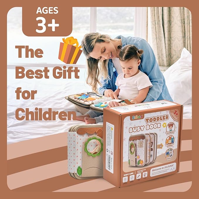 Montessori Busy Book for Toddlers 1-3, Felt Quiet Book & Busy Board for Preschool Learning, Fine Motor Skills, Sensory Play, Educational Travel Toy & Gift – Pretend Play for Girls, Brown