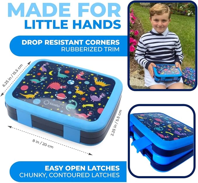 Dinosaur Bento Lunch Box for Boys with Thermo Stainless Steel Food Jar for Hot Food Soup, Insulated Dinosaur Lunch Bag and Ice Pack Set, Kids Container Boxes with 4 Compartments, Blue Space Dino