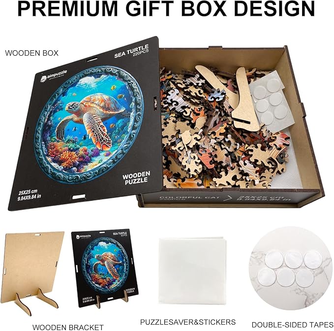 Wooden Puzzle for Adults โ Unique Sea Turtle-Shaped Jigsaw, Ocean Animal Design Brain Teaser for Kid & Teen 220 Pieces, 10"x10", Ships as Whole Puzzle Board, Gift-Ready Box, Fun Family Game,