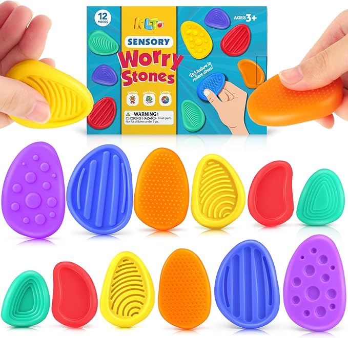 Fidget Toys Sensory Stone for Kids: 12 Pack Texture Worry Stone - Soothing Sensory Tools for Autism Children Calming - Quiet Fidgets for Student Classroom Must Have Prizes