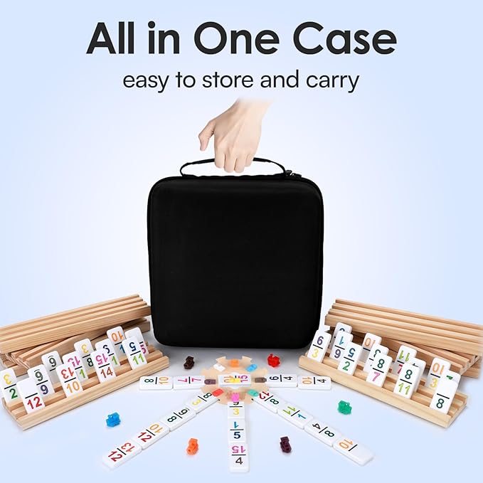 Mexican Train Dominoes Double 15 with 8 Wooden Holders | 136 Colorful Number Dominos Tiles for Adults, Travel Board Game for Family Nights, Cognitive Strategy Games for 2-8 Players
