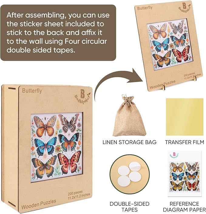 Wooden Puzzles for Adults, Colorful Butterfly 200 Pieces 5MM Thickness Unique Shaped Puzzles, Jigsaw Puzzles for Adults Toys Gift for Family Games (11.2 x 11.2 in)