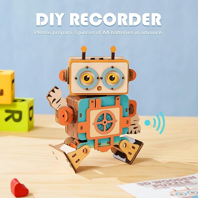 Kosmickiss 3D STEM Wooden Puzzles for Kids, 3D Wooden Models with Voice Recorder, Science STEM Building Kit Creative Craft Toys for Boys Girls Age 8-13 Years Education Birthday Gifts (Grunt Robot)